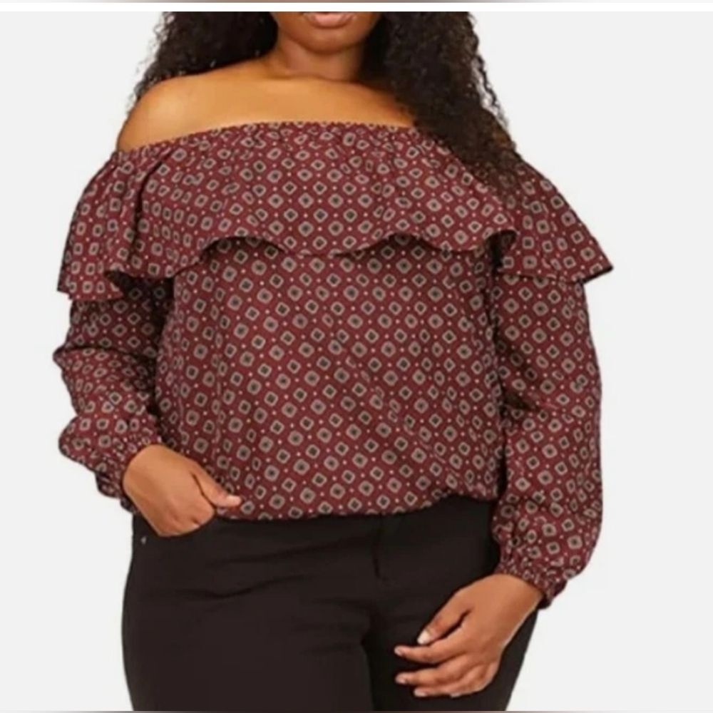 Michael Kors Off Shoulder Ruffle Peasant Top Blouse XL Burgundy Long Sleeve Boho